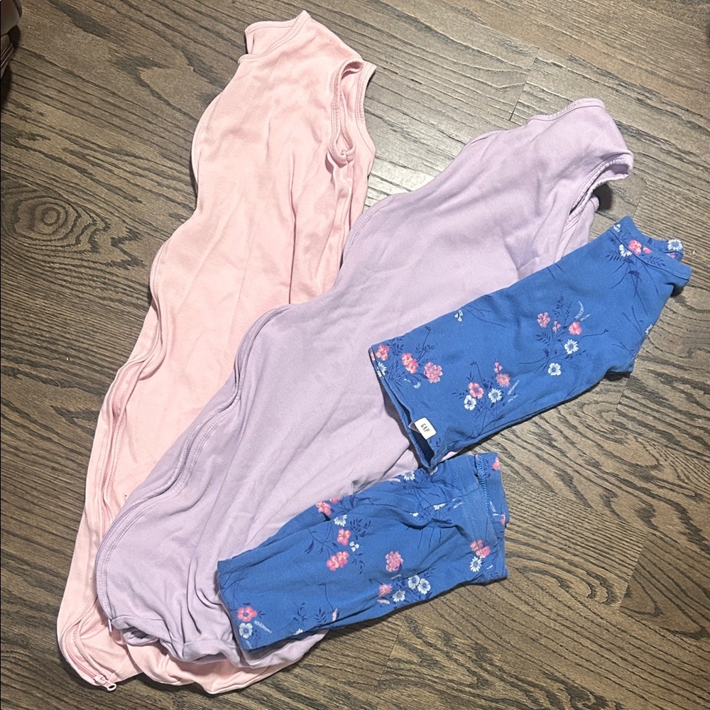 2 Sleeveless 12-18 month Sleep Sacks & 2T Floral PJ set. Gently used